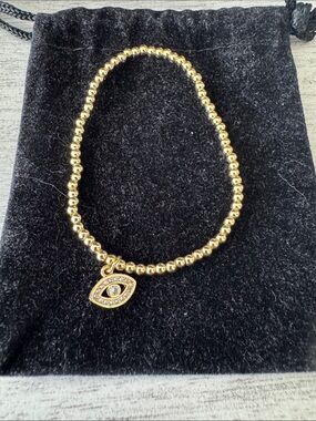 Gold Beaded Bracelet with Crystal Evil Eye Charm - Women Jewelry